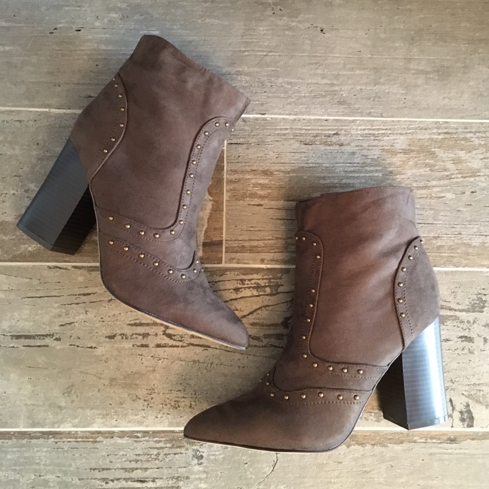 Studded Olive Green Brown Micro-Suede Boho Bootie - Picture 1 of 4